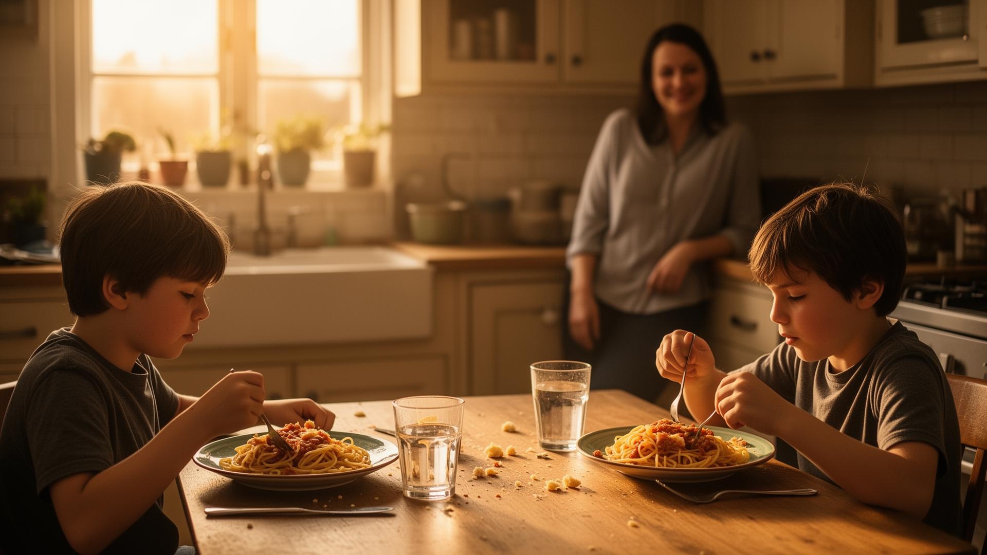 A simple home-cooked pasta dinner on a kitchen table with kids eating and a calm parent in the background